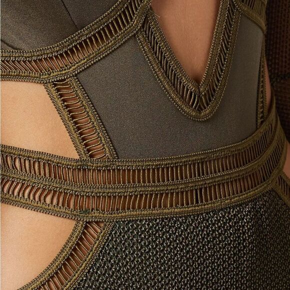 PATBO Cutout Mesh & Stretch Netted Jersey Maxi Dress. Army Green. Worn Once. XS. - Picture 5 of 7